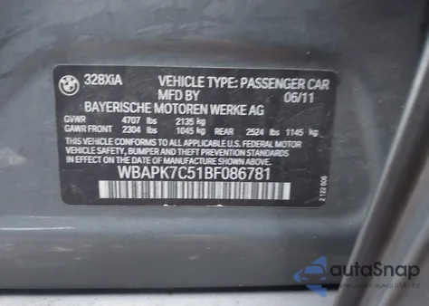 2011 BMW 328I xDrive from USA, damaged, VIN WBAPK7C51BF086781
